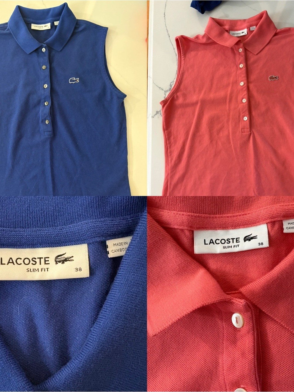 Two Lacoste Sleeveless Slim Fit Polos- Blue & Coral